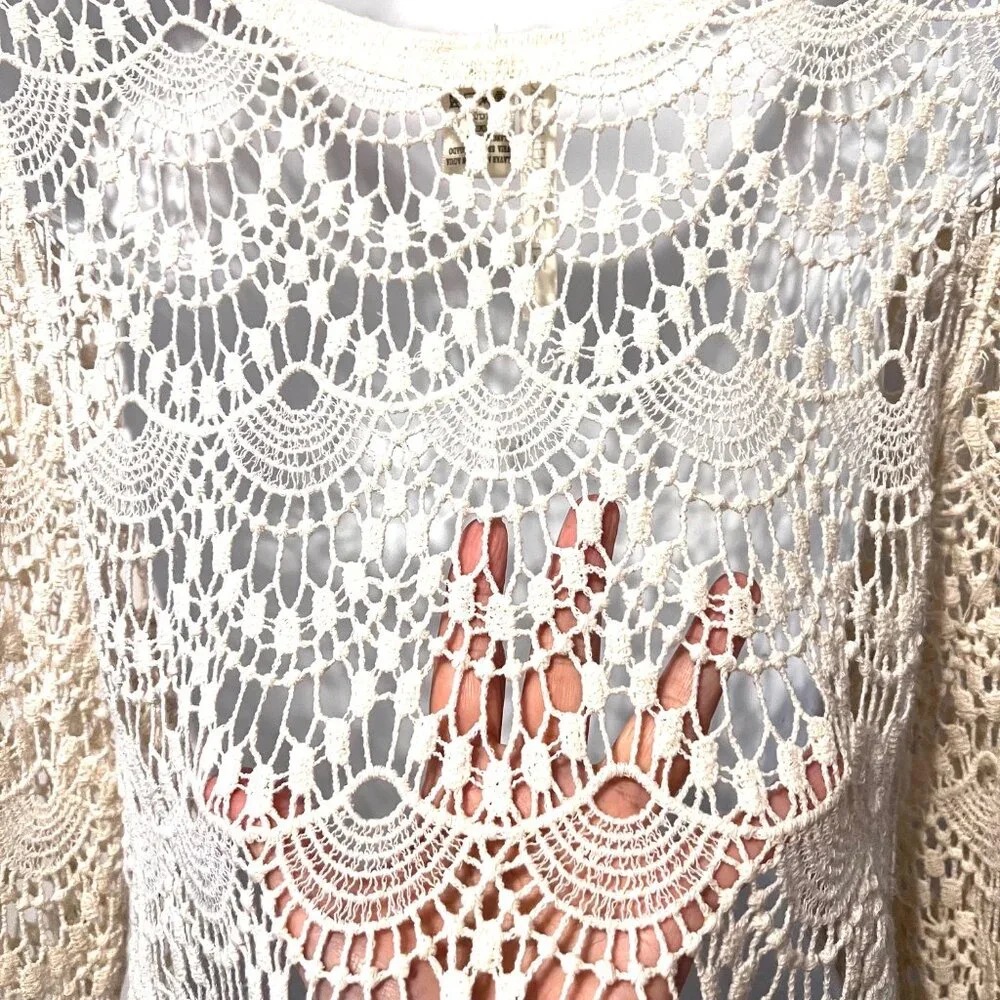 Forgotten Grace-100% Cotton Women's Boho/Hippie Top-Cream-Med-Lace Up-Lace Scall - Picture 10 of 12